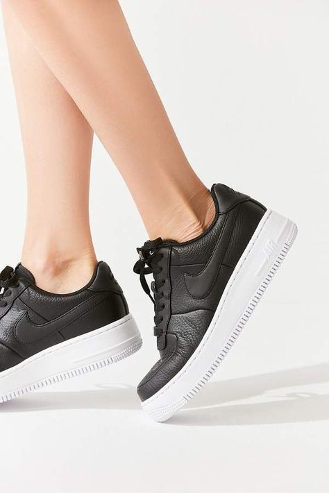 Nike Force 1 Upstep Sneakers Black Sneakers Outfit, Celana Jogger Wanita, Black Sneakers Women, Sneaker Heads, Black Tennis Shoes, Sneaker Outfits Women, High Heels Classy, Tennis Shoes Outfit, Black Leather Sneakers