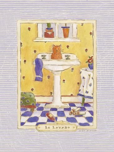 size: 12x9in Art Print: Kitty Lavabo by Sudi Mccollum : Artist Sudi McCollum’s intriguing blend of design styles is inspired by Japanese woodblock prints, the Arts and Crafts movement, and American and European artists. This seamless mix of aesthetics provides a worldly sophistication while retaining a rustic home-hewn warmth. Both quaint and whimsical, she uses goauche, watercolor, ink and pencil to create a style that’s uniquely her own. Her passion for plants and animals that share her outdoo