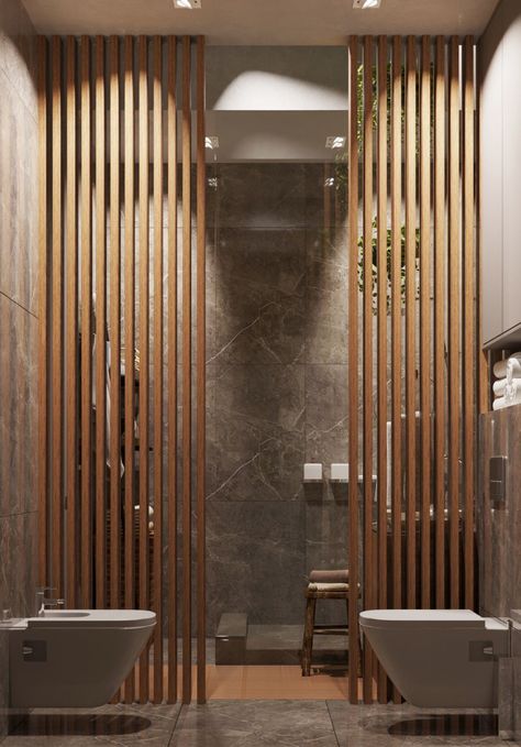 Wood Bathroom Partitions, Hiding Plumbing Pipes On Wall, Bathroom Divider, Wall Dividers, Japandi Home, Modern Room Divider, Bathroom Design Inspiration, Divider Wall, Bathroom Design Luxury