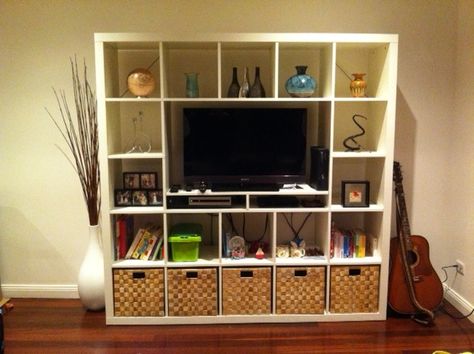 IKEA Hackers: Expedit unit for smaller TV... I have this shelf and will keep this pin when we move, if I don't need it for the same purpose anymore! Ikea Living Room Storage, Ikea Kallax Ideas, Expedit Hack, Kallax Ideas, Entertainment Shelves, Ikea Kallax Hack, Ikea Inspiration, Ikea Expedit, Ikea Living Room