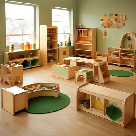 Montessori-Inspired Toddler Room Decor Daycare Centers Ideas, Montessori Classroom Layout, Montessori Preschool Classroom, School Furniture Classroom, Daycare Room Design, Preschool Classroom Layout, Rocking Bed, Bed Montessori, Daycare Spaces