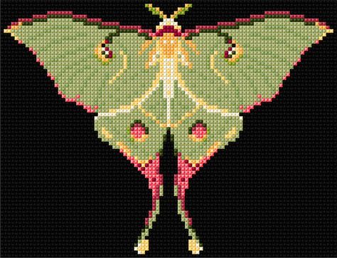 Simple Cross Stitch Moth, Luna Moth Cross Stitch Pattern Free, Pixel Moth Pattern, Luna Moth Cross Stitch Pattern, Luna Moth Pixel Art, Lunar Moth Pixel Art, Cross Stitch Tapestry Pattern, Moth Pixel Art Grid, Cross Stitch Tapestry