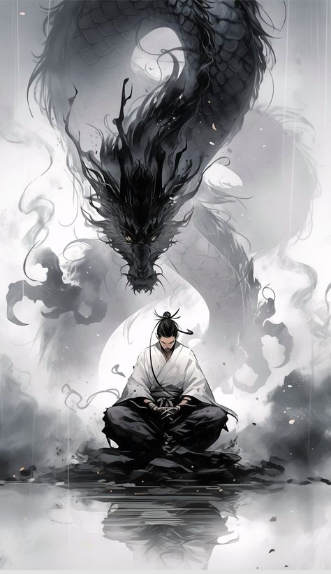 Dragon And Samurai, Samurai Dragon, Zen Mode, Japanese Art Samurai, Samurai Wallpaper, Dark Fantasy Artwork, Samurai Artwork, Japanese Art Prints, Samurai Art