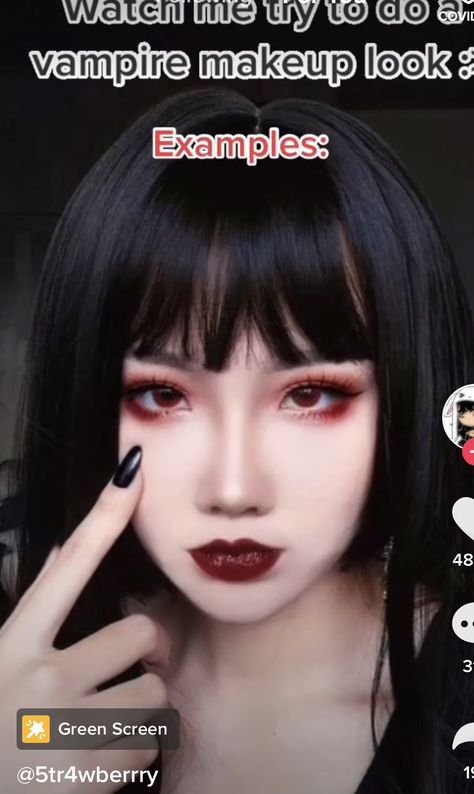 Vampiress Makeup Halloween, Vampire Lip Tutorial, Vampire Makeup Hooded Eyes, Korean Vampire Makeup, Vampire Skin Makeup, Asian Vampire Makeup, Vampire Make Up Look, Vampire Makeup Simple, Vampire Look Makeup