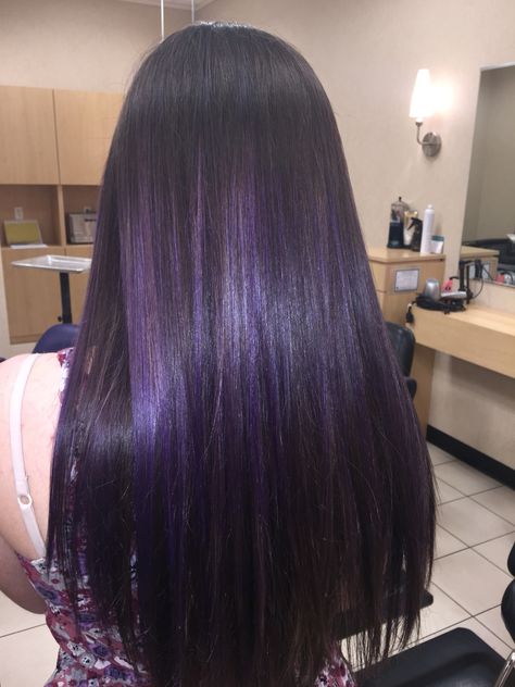 Black W Purple Highlights, Long Black Hair With Purple Streaks, Purple Highlights Black Hair Straight, Straight Hair Purple Highlights, Dark Purple Highlights In Black Hair, Brown Hair With Dark Purple Highlights, Dark Purple Chunky Highlights, Purple Highlights On Dark Brown Hair, Brown Hair With Highlights Purple