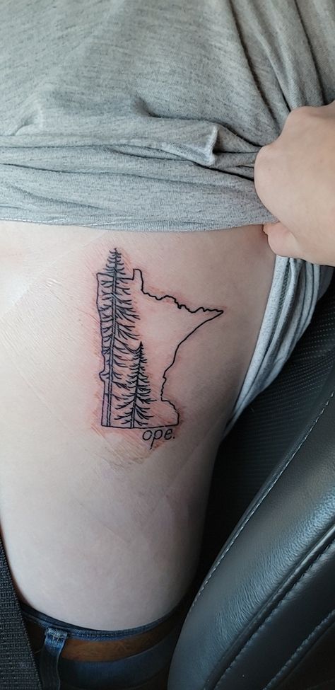 Mn Tattoo, Minnesota Inspired Tattoo, Minnesota Tattoo Ideas, Minnesota Pine Tree Tattoo, Line Work Pine Tree Tattoo, Minnesota Outline Tattoo, Minnesota Embroidery, Minnesota Tattoo, Golf Tattoo