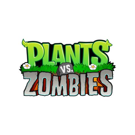 On the top is lively green text with grass and flowers growing under it with the text saying “Plants” in all caps. Below that gras is gray semi-lifeless text with a fiery red behind it with the text being in a concrete texture and the text saying “Zombies” in all caps. In the middle and between the two texts is a tombstone that reads “Vs.” in all caps. Zombie Video Games, Plant Vs Zombies, Zombie Logo, App Icon Green, Zombie Vector, Halo Master Chief, Zombie Birthday, Plant Zombie, Space Theme Party