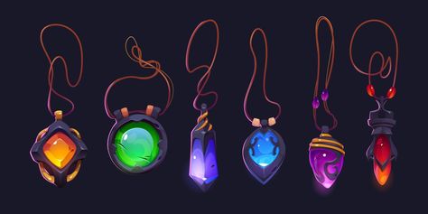 Magic amulets, witch pendants with crystals Magic Stone Art, Amulet Concept Art, Magic Items Concept Art, Magic Amulet Fantasy Art, Magic Items Fantasy Art, Magical Amulet, Chibi Clothes, Crystal Amulet, Magic Amulet