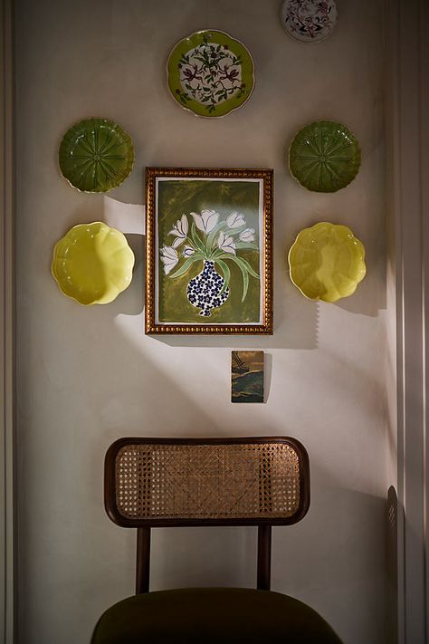 The whimsical charm of this handcrafted stoneware collection will have you positively hopping to your table. | Lilypad Side Plate by Anthropologie, Size: DST PLATE Plates On Dining Room Wall, China On Wall Hanging Plates, Plates As Wall Decor, Vintage Plate Wall Decor, Wicker Wall Art, Gallery Wall With Plates, Blank Wall Dining Room, Plate Wall Kitchen, Plate Wall Decor Dining Room