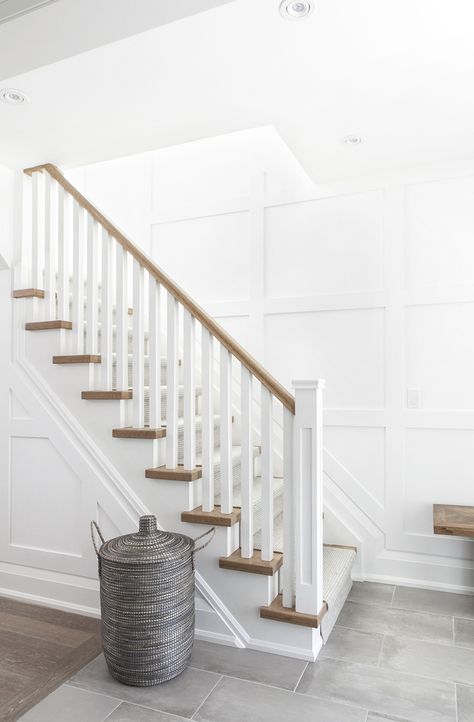 Striped Stair Runner, White Staircase, Toronto Home, Staircase Runner, Staircase Handrail, Oak Stairs, Board And Batten Wall, Staircase Remodel, Wood Staircase