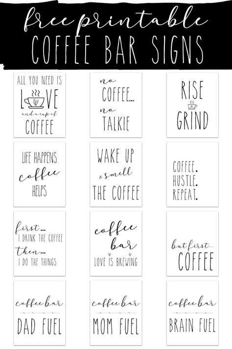 Create a functional, yet pretty coffee bar in your home using decor and any of these 12 FREE PRINTABLE Rae Dunn inspired Coffee Bar Signs. #CoffeeBar #HomeDecor #FreePrintableSigns #PrintableDecorSigns #CoffeeBarSign #CoffeeBarSigns #PrintableCoffeeBarSign #PrintableCoffeeBarSigns #RaeDunnSigns #RaeDunn via @xtremecouponmom Printable Coffee Signs Free, Rae Dunn Printable Free, Free Coffee Bar Printables, Free Printable Coffee Bar Signs, Coffee Bar Svg Free, Coffee Bar Supplies, Free Coffee Printables, Coffee Bar Sayings, Coffee Bar Signs Printable