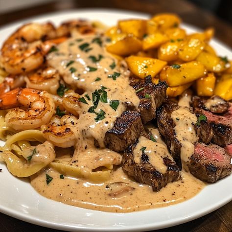 🌶️🍤 Tasty Recipe: Spicy Mango Steak and Shrimp Alfredo 🍝🥩 Get ready to tantalize your taste buds with this bold and flavorful dish! Ingredients: 200g beef steak 200g peeled shrimp 1 ripe mango, diced 300ml crème fraîche 250g pasta (fettuccine or linguine) 2 cloves garlic, minced 1 tbsp soy sauce 1 tbsp hot sauce Salt and pepper to taste Olive oil Fresh coriander to garnish Instructions: Cook pasta according to package directions. Set aside. In a frying pan, heat a little olive oil. Add th... Steak And Shrimp Alfredo, Pasta Fettuccine, Simple Family Meals, Ripe Mango, Shrimp Alfredo, Steak And Shrimp, Soul Food Dinner, Food Crush, Delicacy Food