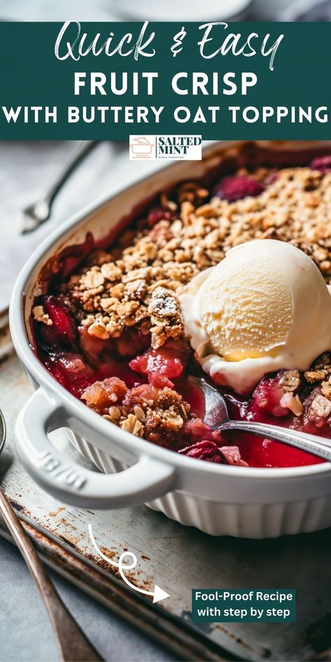 Whip up this Classic Fruit Crisp for an effortlessly elegant spring dessert! Perfect for any occasion, it's a hit with both fresh and frozen fruit, serving up sweetness and a golden oat topping to delight your guests. Simple, versatile, and utterly delicious, it's the fruit dessert that's bound to impress, whether you're dining with a few or entertaining a crowd. Fruit Crisp Topping, Fruit Crumble Recipe, Frozen Fruit Recipes, Crisp Desserts, Fruit Desserts Easy, Dessert Stands, Desserts Fruit, Fruit Crumble, Spring Dessert