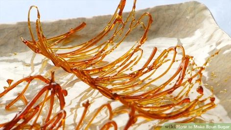 4 Ways to Make Spun Sugar - wikiHow Melted Sugar Decoration, Caramel Decoration, Spun Sugar Decoration, Spun Sugar, Chocolate Art Decoration, Pulled Sugar Art, Sugar Decorations For Cakes, Hard Candy Recipes, Sugar Glass