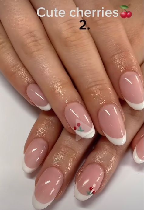 French Tips With Cherry Design, Unique Simple Nails, French Nails With Cherries, French Tips With Cherries, Cherry French Tips, French Tip Cherry Nails, Unique French Tips, Cherry French Tip Nails, Cherry French Tip