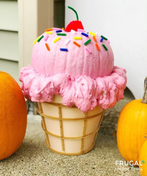 Ice Cream Cone Pumpkin - October Birthday Idea Ice Cream Cone Pumpkin, Cool Pumpkin Designs, Creative Pumpkin Decorating, Pumpkin Decorating Contest, No Carve Pumpkin Decorating, Creative Pumpkin Carving, Pumpkin Ice Cream, Pumpkin Contest, Halloween Pumpkin Designs