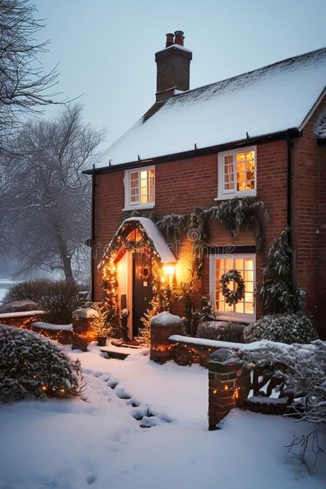 Beautiful country cottage decorated for Christmas on a snowy winter evening, holiday and celebration, post-processed, generative royalty free stock Scotland Christmas Aesthetic, Christmas Cottage Aesthetic, Christmas Cottage Exterior, English Cottage Christmas, Cozy Christmas Cottage, Snowy Cottage, Big Cottages, Cottage Outdoor, Home Lights