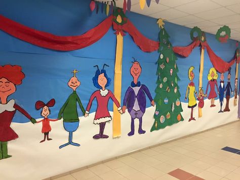 Whoville hallway school Grinch Theme Classroom Decoration, Holiday Hallway Decorations For School, Classroom Whoville Decorations, The Grinch School Hall Decorations, Grinch Christmas Hallway Decorations, Christmas Hallway Decorations School Whoville, Whoville Christmas School Hallway, Grinch Room Transformation, Whoville Christmas Classroom