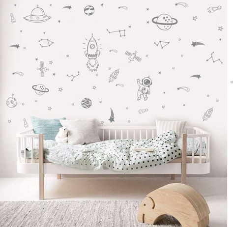 PRICES MAY VARY. 1. This set outer space wall sticker, have 50pcs different item , each size is different from2-25cm ,Picture may not reflect true size. It is Digital example for showing purpose. It may be bigger then actural size just helps you to watch all details.To make the decal fit you space 100% you should measure your space 2. This is DIY wall sticker , you will get 4 sheet pieces , when you get pls cut each accessories and decoration your wall 3.Our wall decor srticker is Non-toxic, env Boys Space Bedroom, Outer Space Room, Outer Space Bedroom, Boys Room Art, Space Wall Decals, Outer Space Nursery, Boy Nursery Themes, Simple Nursery, Boy Room Art