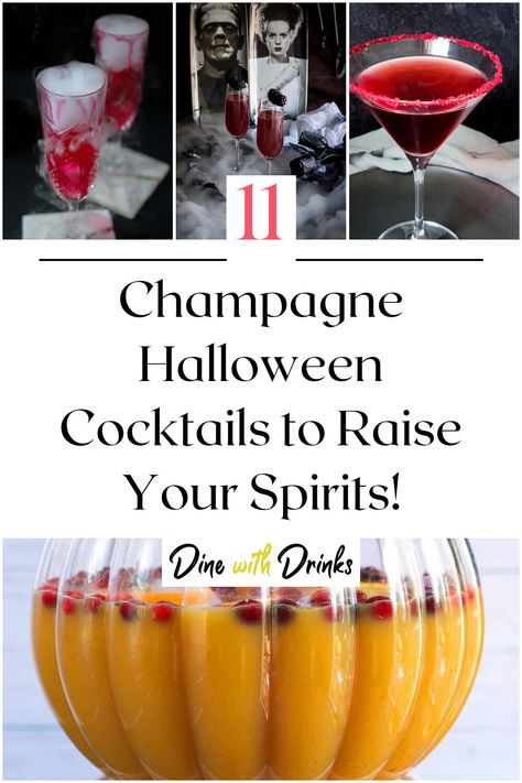 Collage of 4 champagne halloween cocktails. Fall Drinks With Champagne, Halloween Drinks With Champagne, Halloween Cocktails With Champagne, Halloween Champagne Punch, Champagne Halloween Cocktails, Halloween Bulk Cocktails, Halloween Champagne Drinks, Halloween Prosecco Cocktails, Halloween Champagne Cocktails