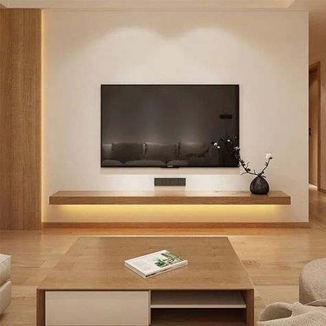 Tv Floating Stand, Mounted Tv No Stand, Simple Tv Decor, Simple Tv Shelf Design, Tv Stand Minimalist Modern, Tv Wall Design With Shelf, Minimal Tv Stand Ideas, Minimalist Tv Console Decor, Simple Tv Room Ideas