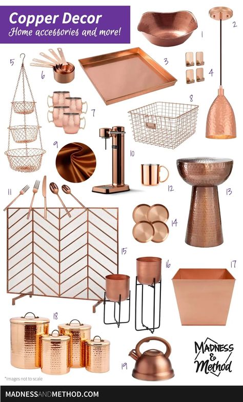 Want to add some copper decor to your life!?  This roundup of copper home accessories offers a great mix of different finishes and fun objects! Copper Curtain Rod, Fun Objects, Copper Home Accessories, Copper Bedroom, Cozy Cottage Kitchen, Cat Ring Holder, Outdoor Furniture Diy, Diy Copper, Facial Tissue Box