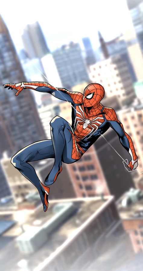 Marvel Artwork Spiderman, Ps4 Spiderman Drawing, Spiderman Ps4 Drawing, Insomniac Spiderman Art, Spiderman Jumping Off Building, Spiderman Comic Drawing, Spider-man Poses, Spider Man Artwork, Spider Sona Base