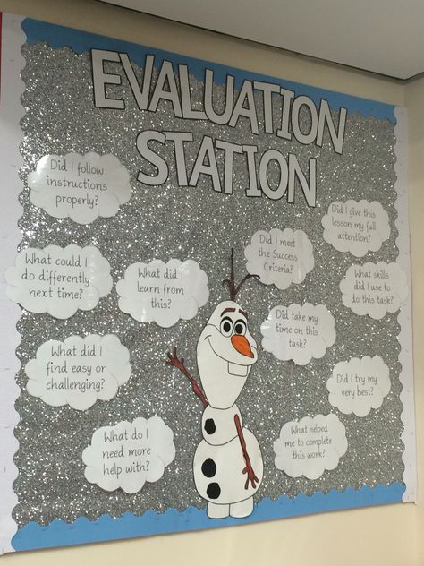 Evaluation Station Frozen Bulletin Board Self Evaluation Reflection Self Assessment Reflection Board Ideas, Reflection Bulletin Board, Frozen Bulletin Board, Self Evaluation, Peer Assessment, Classroom Assessment, School Display, Student Reflection, Assessment Rubric