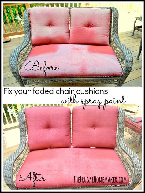 Fix your faded chair cushions with spray paint Spray Paint Outdoor Cushions, Recovering Outdoor Furniture Cushions, Dye Outdoor Cushion Covers, How To Recover Outdoor Cushions, Paint Outdoor Cushions, Yard Sale Finds, Midas Touch, Painted Patio, Patio Cushions