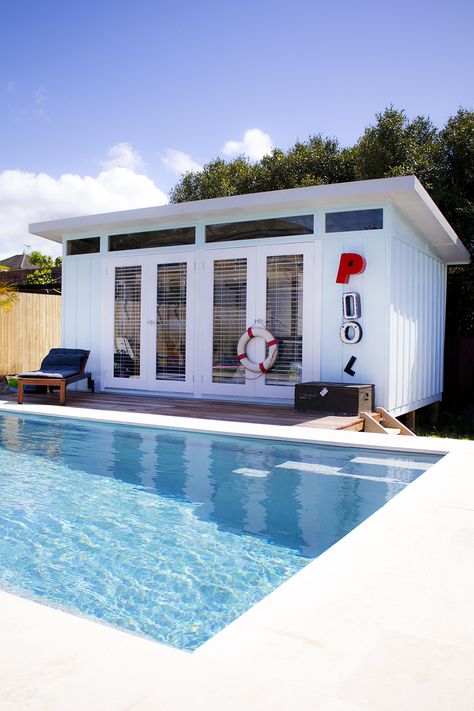 Backyard Pool Cabana, Small Pool House, Backyard Entertaining Area, Cabin Photos, Pool House Shed, Backyard Cabin, Pool Cabanas, Pool Shed, Pool House Designs