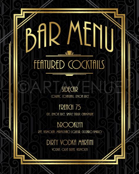 Art Deco Bar Menu Download, Custom BAR MENU Sign Printable Art, 1920s Bar Menu, Great Gatsby Wedding, Roaring 20s Menu Download ADC1 - Etsy UK Gatsby Bar, Art Deco Menu, Roaring 20s Birthday Party, Gatsby Birthday Party, Vintage Wedding Colors, Gatsby Gala, Wedding Art Deco, Gatsby Party Decorations, Speakeasy Party