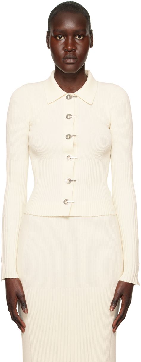 Shop or share your style of the product on ModeSens! Rib knit stretch cotton and nylon-blend cardigan. · Spread collar · Hook-eye closure · Hook-eye fastening at cuffs · Logo-engraved silver-tone hardware Supplier color: Cream Designer White Outerwear With Ribbed Cuffs, Cream Knit Cardigan With Button Closure, Luxury White Knit Cardigan, Dion Lee Knitwear, Luxury Button-up Cardigan With Ribbed Collar, Dion Lee, Ribbed Cardigan, Knitwear Cardigan, Knit Fashion