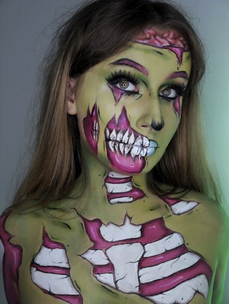 #zombie #halloween #makeup #art #popart #monster #horror #makeupideas #design Pop Art Zombie Costume, Pop Zombie Makeup, Comic Zombie Makeup, Horror Pop Art, Pop Art Zombie Makeup, Zombie Comic, Comic Makeup, Unique Halloween Makeup, Pop Art Zombie