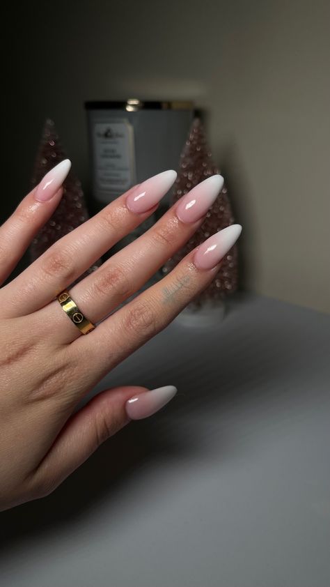 #ombre #ombrenails #cartier #pink #girly #nails College Nails Ideas Almond, Pink Ombre Almond Acrylic Nails, Long Almond Ombre Nails, Glossy Ombre Nails, Gel X Ombre Nails, Nails 2024 Ombre, Pink To White Ombre Nails Almond, Ombre Gel X Nails, Ombré Pink And White