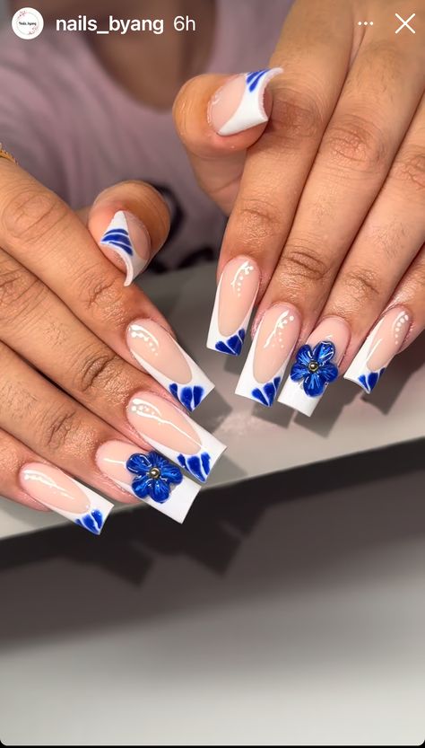 White And Royal Blue Nails, Nails Acrylic Royal Blue, White Butterfly Wedding, Nails Royal Blue, Royal Blue Nails, Acrylic Nail Set, Butterfly Wedding, White Butterfly, Best Acrylic Nails