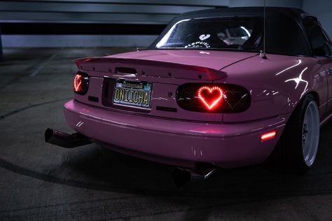 Mazda Mx5 Miata Pink, Miata Aesthetic Night, Hello Kitty Miata, Purple Mazda Miata, Pink Miata Aesthetic, Miata Interior Mods, Mx5 Aesthetic, Pink Miata Mx5, Miata Car Aesthetic