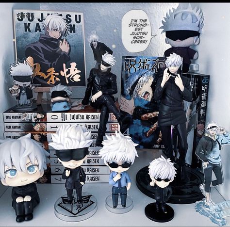 Jujutsu Kaisen Room Ideas, Anime Figures Aesthetic Collection, Gojo Room Decor, Jjk Manga Collection, Jujutsu Kaisen Collection, Gojo Bouquet, Jujutsu Kaisen Room Decor, Anime Figure Display Ideas, Jjk Room Decor