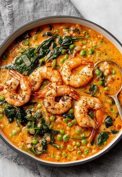 Shrimp with Creamy Peas Recipe | Tried and True Recipes Buttery Shrimp With Peas And Potatoes, Lentils With Shrimp, Shrimp Potato Soup, Shrimp And Chickpeas Recipe, Shrimp And Cabbage Recipes, Shrimp Stew Recipes, Shrimp And Peas, Pearl Couscous Recipes, Shrimp Stew