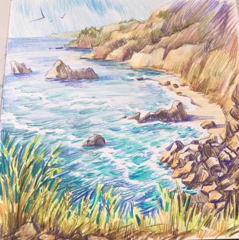 Color Pencil Ocean, Nature Colored Pencil Drawing, Colored Pencil Drawing Landscape, Color Pencil Sketches Landscape, Color Pencil Art Landscape, Color Pencil Landscape, Colour Pencil Art Landscapes, Landscape Colored Pencil, Colored Pencil Landscape