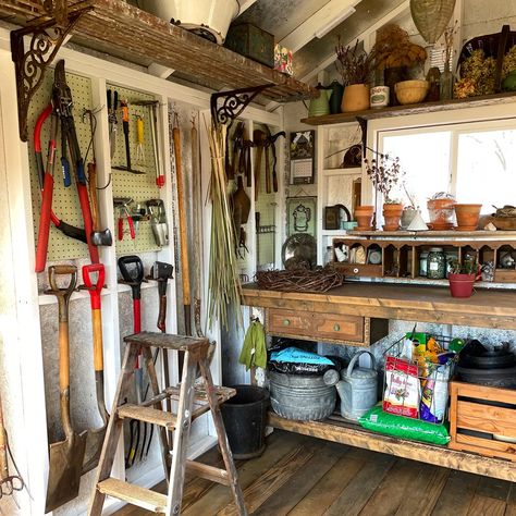 She Shed Storage, Potting Shed Interior Ideas, Barn Wood Floors, Rustic She Shed, She Shed Garden, She Shed Interior Ideas, Allotment Shed, She Shed Interior, Cottage Garden Sheds