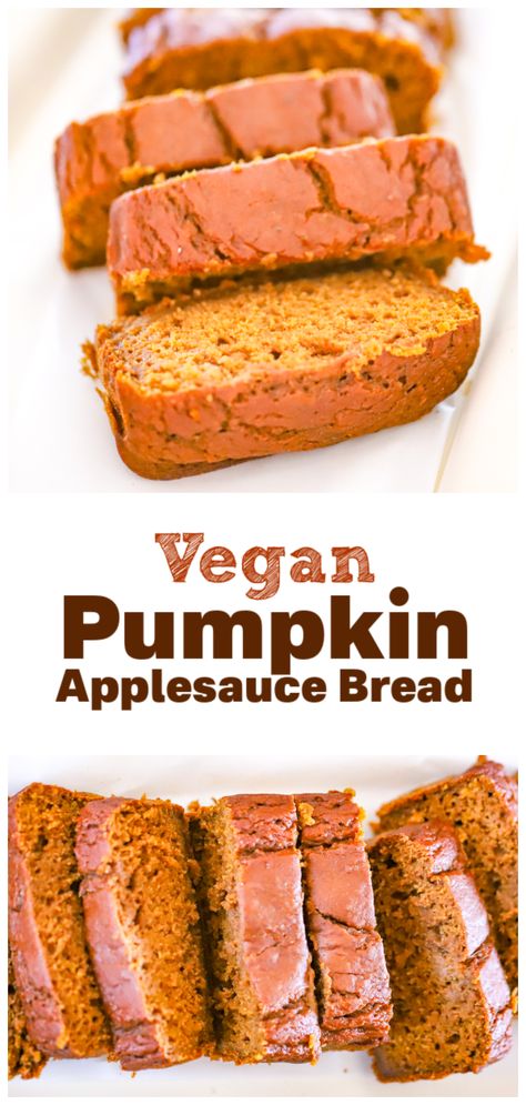 This is a ridiculously good and Healthy Vegan Spiced Pumpkin Applesauce Loaf recipe!  A delightful vegan bread loaf infused with the flavors of spice cake, pumpkin, & apple, free from refined sugar. Easy to make & a deliciously quick bread you’ll love! Vegan Pumpkin Bread Healthy, Pumpkin Loaf Vegan, Pumpkin Bread With Applesauce Healthy, Plant Based Pumpkin Recipes, Pumpkin Bread With Applesauce, Healthy Vegan Bread, Flourless Pumpkin Bread, Applesauce Loaf, Spice Cake Pumpkin