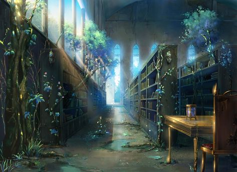 Anime Original Wallpaper Abandoned Library, Magical Library, Library Pictures, Library Aesthetic, Anime Backgrounds Wallpapers, Fantasy Places, Urban Fantasy, Backgrounds Desktop, Visual Novel