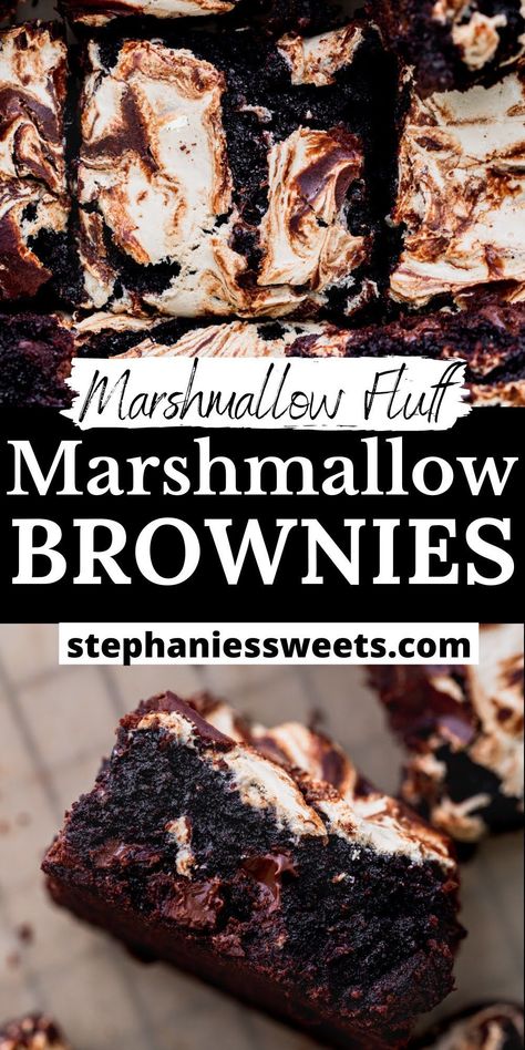 These fudgy marshmallow brownies are ultra fudgy and full of chocolate chips. Brownies and marshmallow fluff are all swirled together before baking. Marshmallow Cream Brownies, Deserts Recipes Brownies, Baking Recipes Desserts Chocolate, Fun Yummy Desserts, Deserts Using Marshmallows, Snacks With Marshmallow Fluff, Best Sweet Treats, Dessert Brownies Recipes, Special Desert Ideas