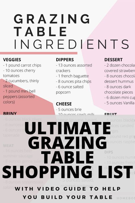 Want to build a grazing table, but don't know what to buy? This is your guide with the ultimate printable grazing table shopping list. This food list includes all the food and exact quantities you'll need for a table that feeds 25 people. Plus, a video to help guide you on the entire process of building your grazing table. Charcuterie 40 People, Grazing Table Menu Ideas, Charcuterie Board Per Person, How To Do A Charcuterie Table, Party Food For 40 People, Graze Table Shopping List, Charcuterie Table Ideas How To Build, Graze Table Ideas Birthday, Grazing Table Pricing