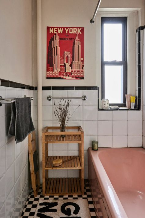 This Manhattan Studio Apartment Is a Love Letter to Women | Cup of Jo Tiny Nyc Bathroom, Women’s Apartment Ideas, Studio Apartment Closet Ideas, Vintage Studio Apartment Ideas, Small Studio Apartment Ideas 300 Sq Ft, Nyc Studio Apartment Aesthetic, Men’s Bathroom, Cool Girl Apartment, Old Studio Apartment