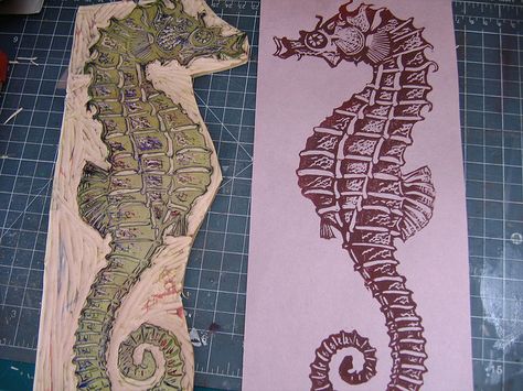 Seahorse lino print and block Real Seahorse, Lino Print Artists, Seaside Print, Printmaking Inspiration, Lino Block, Lino Cuts, Lino Printing, Linoleum Print, Linoleum Block Printing