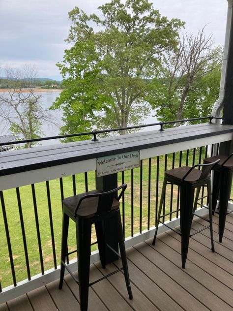 Porch Bar Railing, Deck Railing Bar Top, Deck Rail Bar, Deck Railing Bar, Deck Bars, Lakehouse Cottage, Railing Bar, Beginning Gardening, Beach House Deck