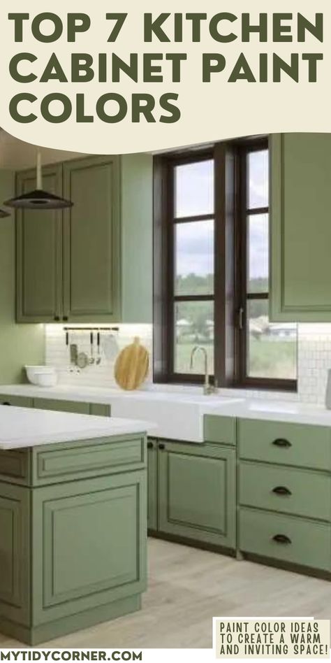 Kitchen with green cabinets and text overlay about trending paint color ideas for kitchen cabinets. Bm Kitchen Cabinet Paint Colors, Paint Old Kitchen Cabinets Diy, Kitchen Cabinet Color Ideas Benjamin Moore, Green Paint Color For Cabinets, Best Colors To Paint Kitchen Cabinets, Light Painted Kitchen Cabinets, Behr Cabinet Colors, Lichen Cabinet Colors, Painted Kitchen Ideas