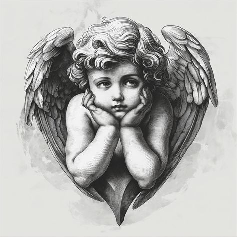 Creepy Realism Tattoo, Tattoo Design Reference, Black Cherub, Cherub Tattoo Designs, Christus Tattoo, Baby Angel Tattoo, Cherub Art, Hyper Realistic Tattoo, Cherub Tattoo