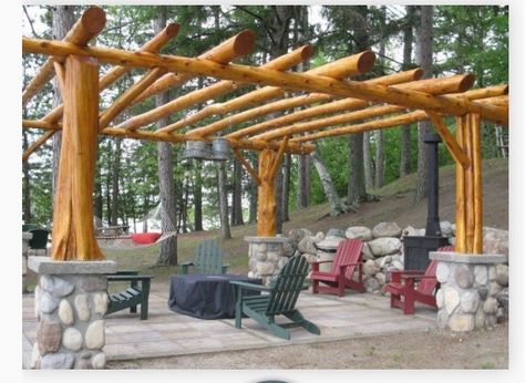 log pergola❣️ Log Pergola, Rustic Pergola, Deck With Pergola, Covered Pergola, Patio Roof, Front House Landscaping, Backyard Retreat, Pergola Plans, Swimming Pools Backyard